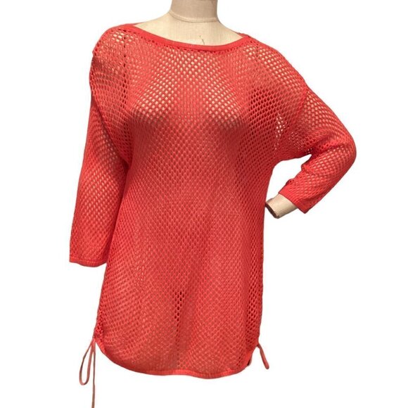 Chico's 3 (XL/16) Pinkish-Red/Coral Cotton Mesh Net Swimsuit Cover-Up Top 168K - Picture 1 of 9